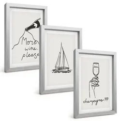 BILDER SET 3er Set - 20x30 cm Silberner Rahmen - Weinsegelboot-Glas-Linienzeichnung