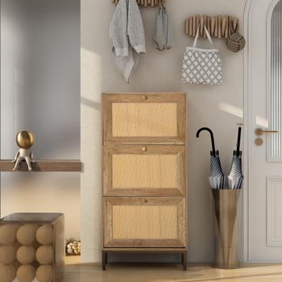 / Freestanding 3 Flip Drawer Rattan Shoe Cabinet Organizer on Metal Legs - 3-Tier