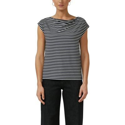 T-Shirt S.OLIVER BLACK LABEL, Damen, Gr. 48, schwarz-weiß (navy stripe), Jersey, Obermaterial: 95% Baumwolle, 5% Elasthan, gestreift, normal hüftbedeckend, Wasserfallausschnitt, Shirts T-Shirt, mit Wasserfallausschnitt und Streifen-Design