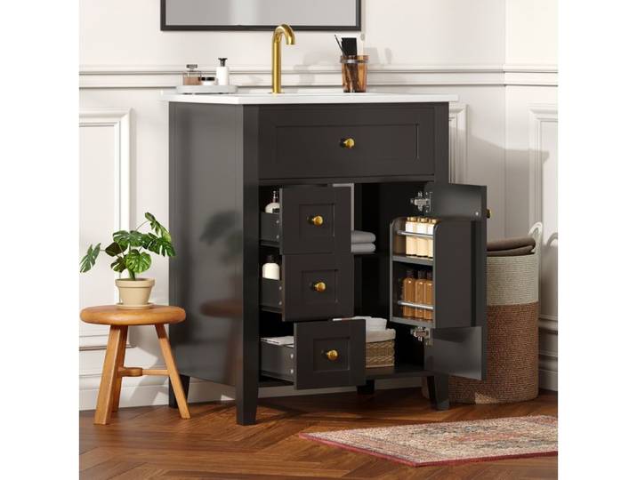 Meuble sous vasque avec 1 Abattante 3 Tiroirs et 1 Porte Vasque en Céramique Noir Brillant Salle de Bain 61×47×86 cm