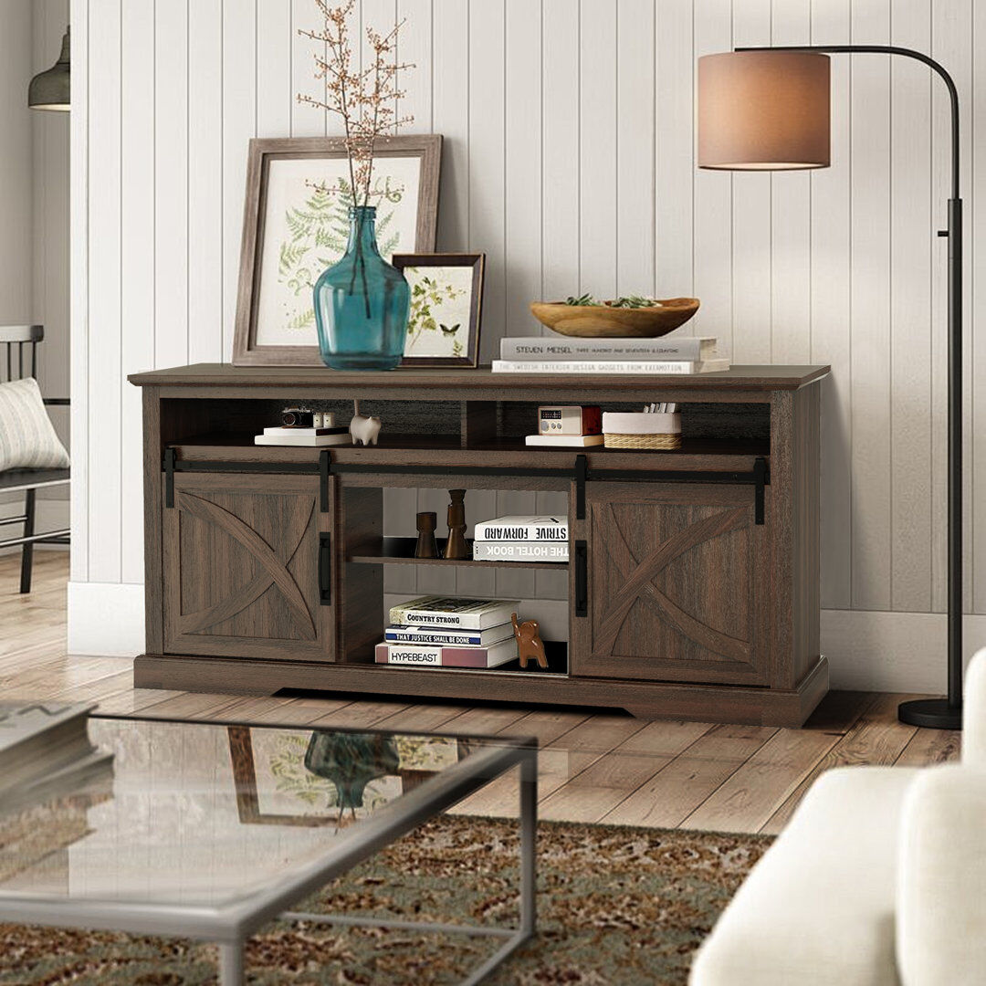 Brambly Cottage 173cm TV Stand, Rustic Farmhouse Media Unit with Sliding Barn Doors, MDF Wood Entertainment Centre for Living Room & Bedroom Brown 65"