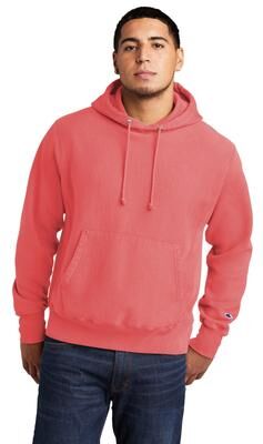 Champion GDS101 Men's Reverse Weave Garment-Dyed Hooded Sweatshirt in Coral Craze size Small   Cotton/Polyester Blend