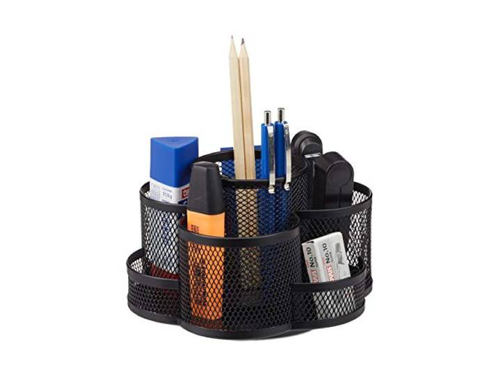 Relaxdays 10022487_46 Organiseur de bureau porte-stylos notes cartes de visite fournitures maille 7 compartiments pivotant\, noir\, Métal\, 11 x 17\,5 x 16\,5 cm
