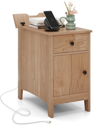 Costway Flip Top End Table with Charging Station USB Ports Outlets and Drawer-Natural
