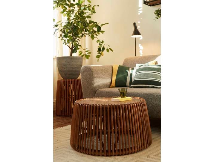 Beistelltisch SIT San Gimignano aus Rattan mit recycelter Teakholzplatte , beige (natur), B:45cm H:38cm, Tische, Beistelltisch, Konisches Rattangestell mit Platte aus recyceltem Teakholz