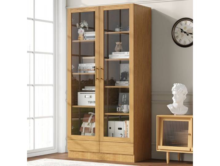 Vitrine en Bois avec Portes Vitrées 80 x 40 x 160 cm Meuble de Rangement Multifonction avec 2 Tiroirs Design Élégant