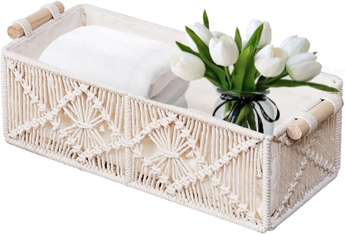 SnelShoppen Boho macramé opbergmand, handgeweven decoratieve mand voor badkamer en slaapkamer