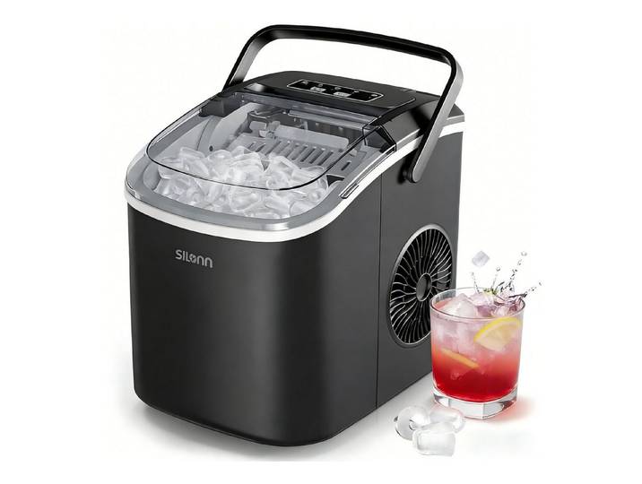 Silonn Eiswürfelmaschine Eiswürfelbereiter tragbar, 9 Eiswürfel in 6 Minuten, 2 Eisgrößen, 12 kg/24 Stunden, selbstreinigende für Zuhause, Küche und Bar