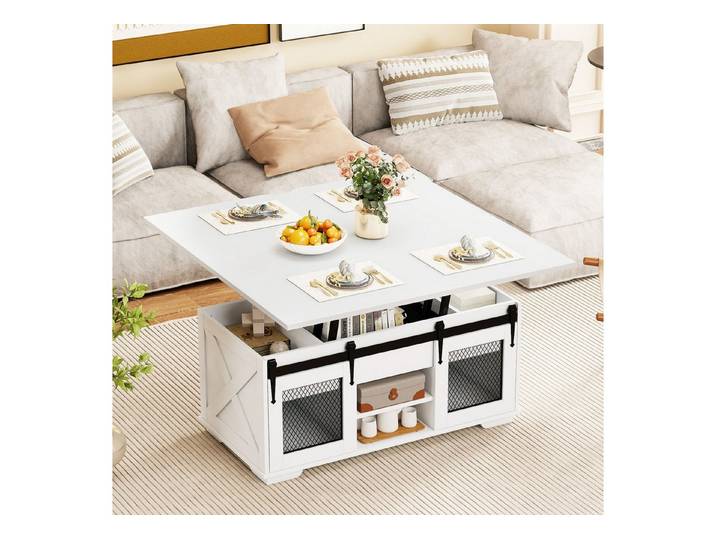 COSTWAY Couchtisch höhenverstellbar, Wohnzimmertisch mit Fächern Holz