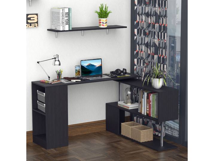 HOMCOM Bureau Informatique Zigzag Noir avec Bibliothèque Intégrée