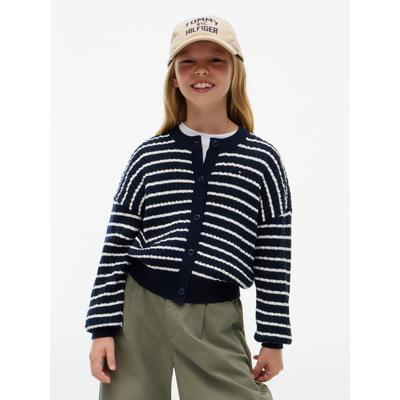 Strickjacke TOMMY HILFIGER "CABLE CARDIGAN", Mädchen, Gr. 10 (140), blau (dunkelblau), Strick, Obermaterial: 100% Baumwolle, geringelt, regular fit normal, Rundhals, Bündchen, Strickjacken Strickjacke, Rundhalsausschnitt, Regular Fit, Knopfleiste,...