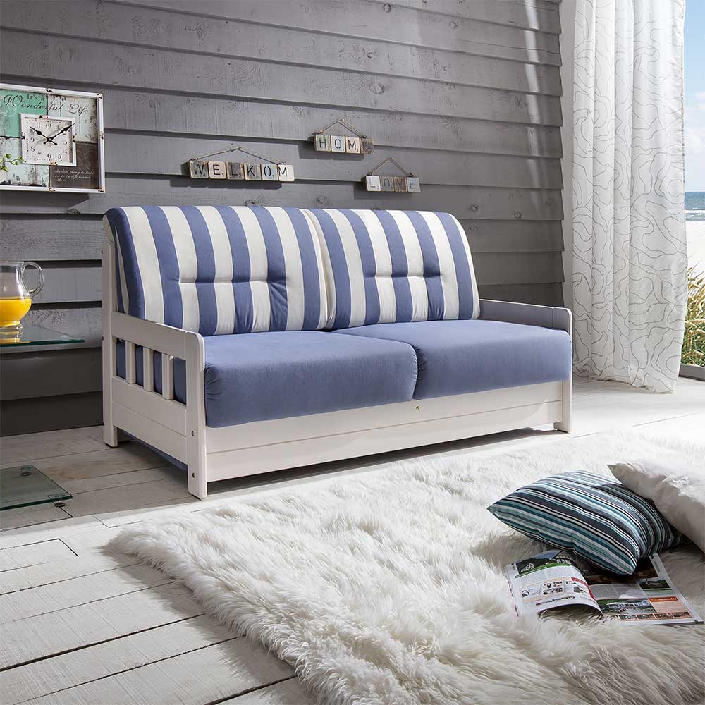Pharao24.de Maritimes Sofa mit Schlaffunktion Blau Weiß Streifen Muster