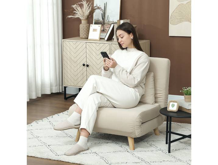 HOMCOM Fauteuil-Lit Pliant Velours Beige Dossier Réglable 120kg