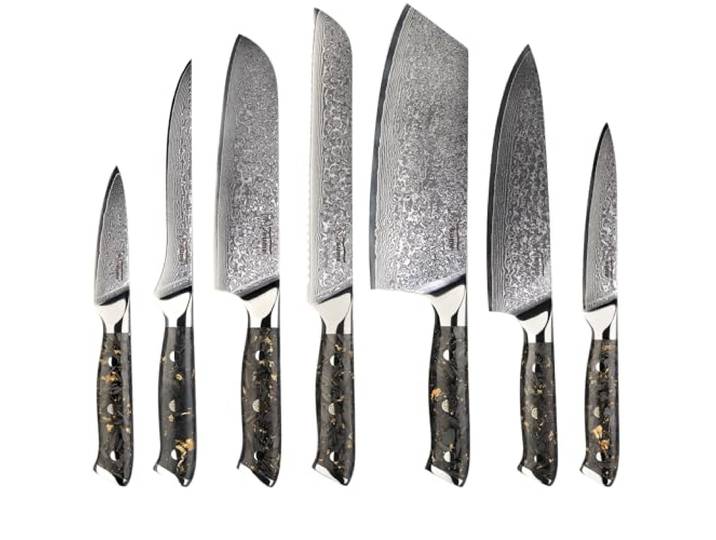 Tsume Profi Set Carbon Gold, Messerset mit 7 Premium Küchenmessern, Echte Damast Küchenmesser mit Karbonfasern und Blattgold, 67 Schichten VG10 Edelstahlkern mit Kunstharz Handgriffen