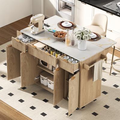 "55.5"" Fluted Kitchen Island with Drop Leaf, Power Outlet, 4 Doors & 3 Drawers"