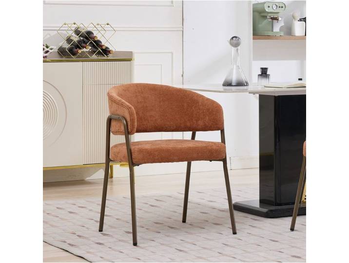 Chaise de Salle à Manger avec Accoudoirs Rembourrée - LPOSPI - Pieds en Métal Laiton Antique Chenille Orange