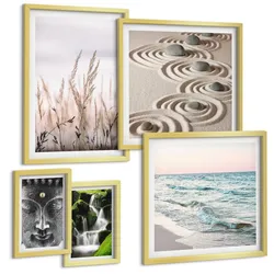 BILDER SET 5er Set - 50x50 cm & 20x30 cm & 40x60 cm Goldrahmen - Nachthimmel, Berge, Sterne