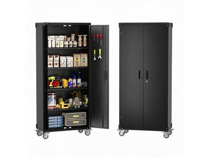 JoyGarden Armoire de rangement métallique verrouillable sur roulettes – 4 étagères réglables panneau perforé capacité 600 kg