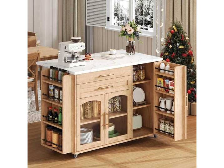 Îlot de cuisine extensible à roulettes Chariot Desserte de cuisine avec plan de travail pliable 2 tiroirs 3 portes - naturel