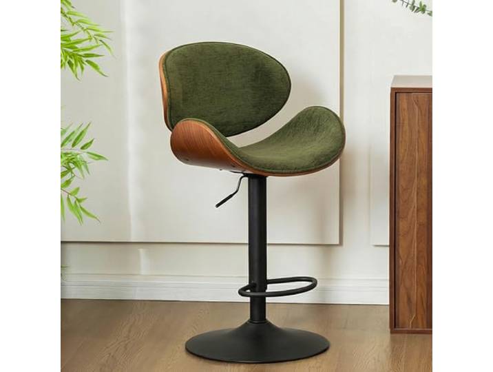 YOUTASTE Barhocker aus Gebogenem Holz 1er Set, Moderner, Chenille Grün Höhenverstellbar, 360°Drehbarer mit Holzlehne und Fußstütze, Retro Barstuhl für bar, Küche, 150kg