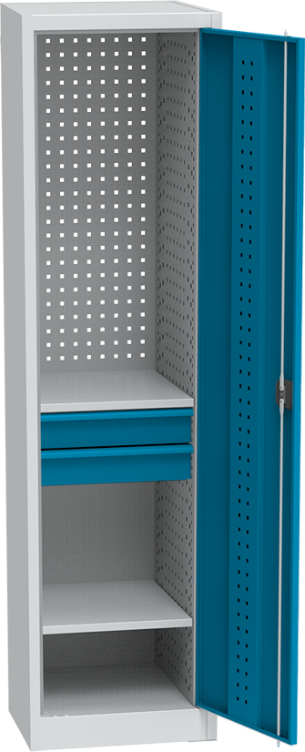 KOVOS schmaler Werkstatt-Schubladen-Werkzeugschrank, 2 Fachböden, 2 Schubladen, geschweißt, 505 x 500 x 1950 mm