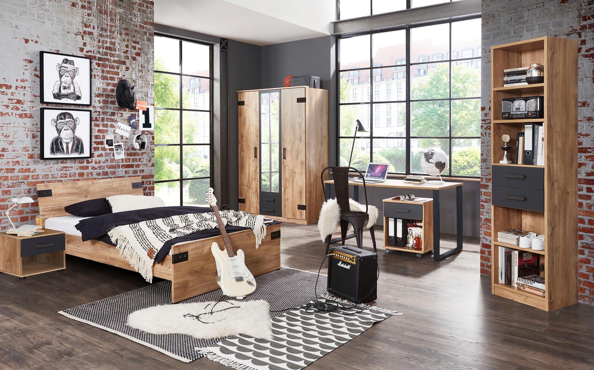 Bett WIMEX "Liverpool, 3 Breiten zur Auswahl, Made in Germany", grau (plankeneiche, nachbildung, abgesetzt graphitfarben), H:85cm, Betten, Bett, mit rustikalen Metallbeschlägen im coolen Loft Style plankeneiche, nachbildung, abgesetzt graphitfarben Liegef