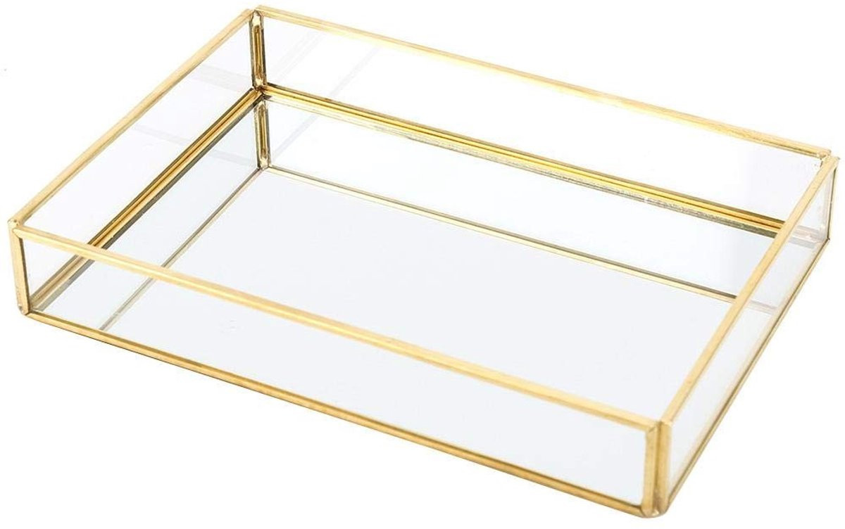 Dailygoody Rechthoekig glazen opbergbakje met goud dienblad - S - Organizer voor parfum en sieraden