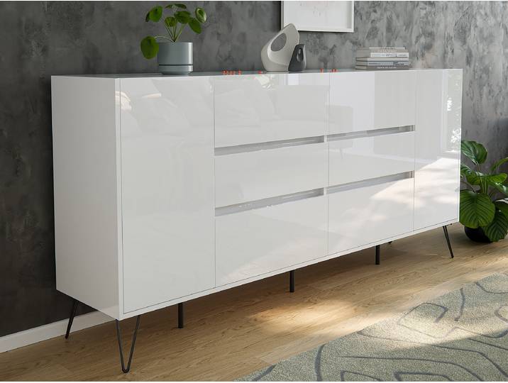 Enfilade Industrial avec porte & tiroirs 199 x 94cm Blanc/Blanc brillant