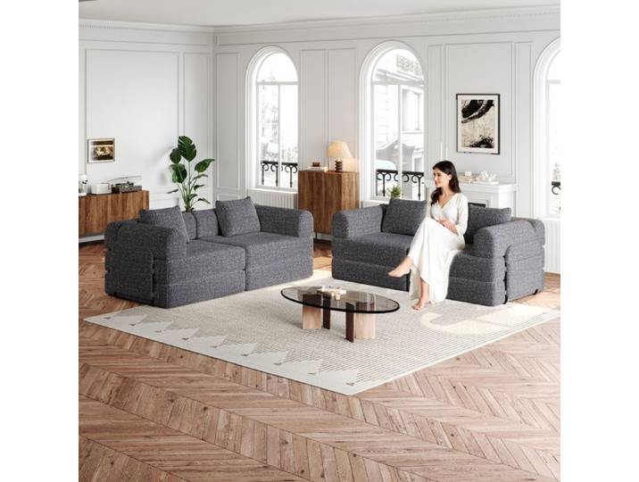 ROVRYN Canapé convertible 2-en-1 4 places en chenille grise modulable avec rangement accoudoir