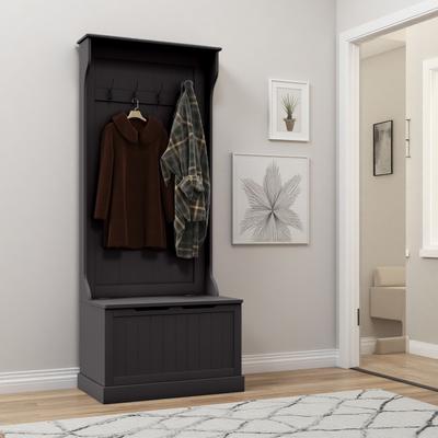 ZWYO HOSIMU "28""L 3-In-1 Entryway Hall Tree with Storage Bench, Coat Rack with Four Hooks and Shoe Storage"