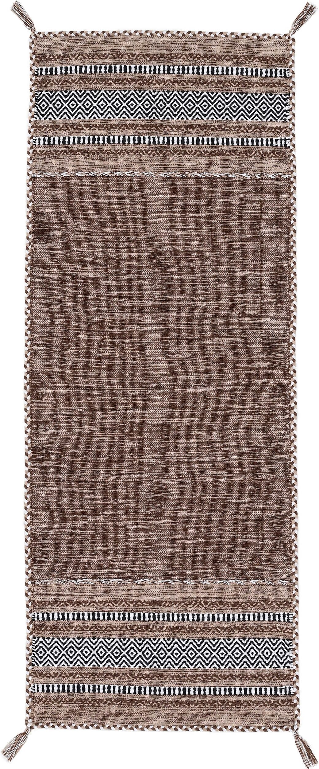 Teppich CARPETFINE "Kelim Azizi, auch als Läufer erhältlich", braun, B:80cm H:5mm L:500cm, Baumwolle, Teppiche, Teppich, handgewebt, Baumwolle, Wendeteppich mit Fransen, Fleckerl, Wohnzimmer