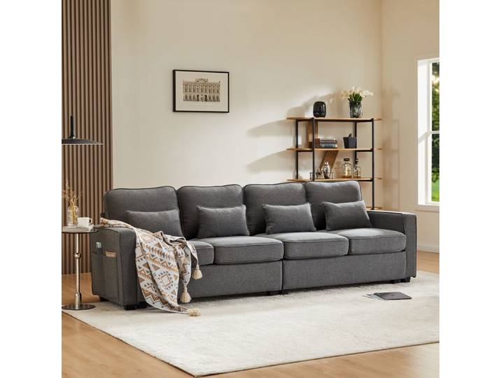 Canapé 4 places - AUTREMENT - Tissu lin - Gris foncé - Accoudoirs avec poches - 4 coussins inclus