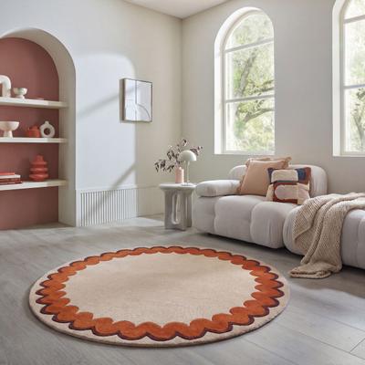Wollteppich FLAIR RUGS "WIGGLE", beige (orange), B:160cm H:8mm L:160cm Ø:160cm, Wolle, Teppiche, mit gewelltem Wellenrand; auch als Läufer und in rund
