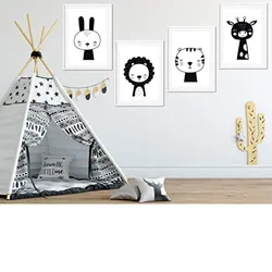 POSTER Set mit 4 Rundedanimals schwarz und weiß A4 Rahmenlos