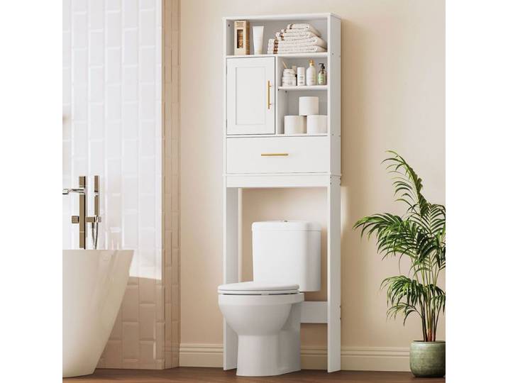 HOOBRO Étagère de Toilettes Étagère WC avec Tiroir Étagère de Salle de Bain Étagère Dessus Gain de Place Blanc