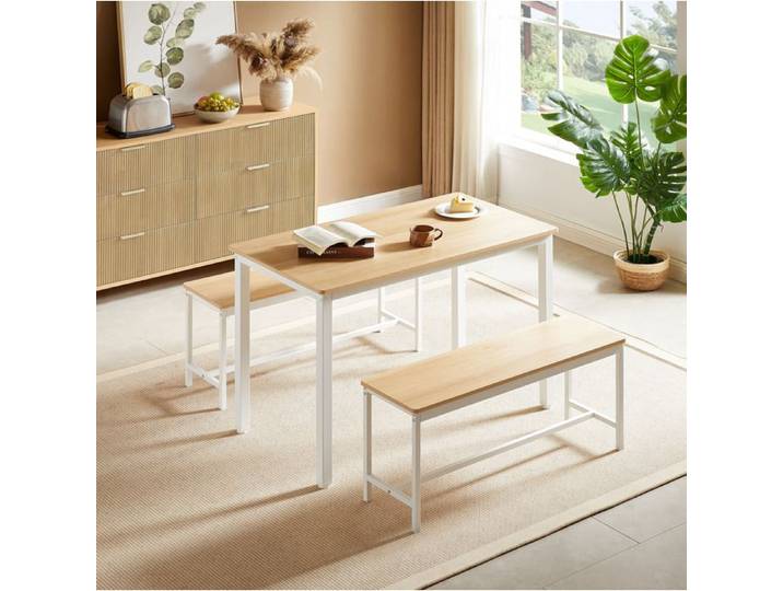 VUENOR ensemble table et bancs 110 x 60 x 75 cm naturel et blanc - style industriel 2 bancs