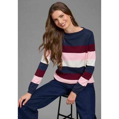 Strickpullover LAURA SCOTT "aus Feinstrick, mit U-Boot-Ausschnitt", Damen, Gr. 32/34, bunt (marine, bordeaux, rosa, weiß), Feinstrick, Obermaterial: 70% Viskose, 30% Polyamid, gestreift, figurumspielend hüftlang, U-Boot-Ausschnitt, Pullover...