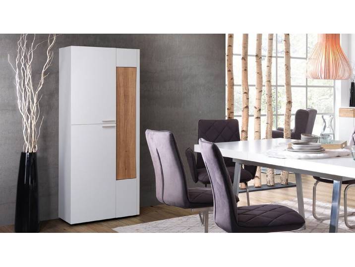 Möbel Akut Highboard Highboard OSLO weiß matt lackiert Designblende Asteiche Massivholz