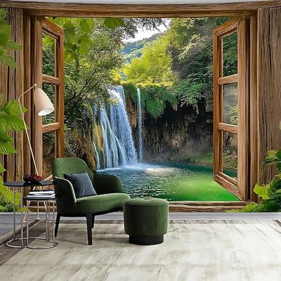 Wasserfall-Natur-3D-Fensterblick-Wandteppich, tropischer Wald, grüne Landschaft, Stoffkunstposter, Heimdekoration, Wandkunst-Hintergrundstoffposter