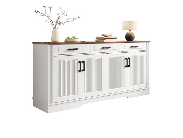 Fine Life Pro Sideboard Wohnzimmerschrank mit 3D-Streifen, 3 Schubladen & 4 Türen aus MDF., Vielseitig für Flur, Wohnzimmer & Esszimmer – stilvoll & praktisch.