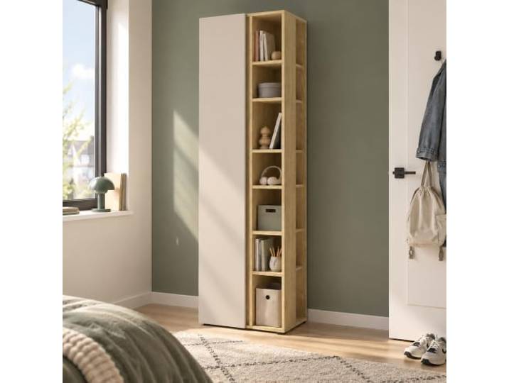 Jugendzimmer Schrank 55 cm breit in Beige mit Eiche, 1 Tür, 7 offene Fächer
