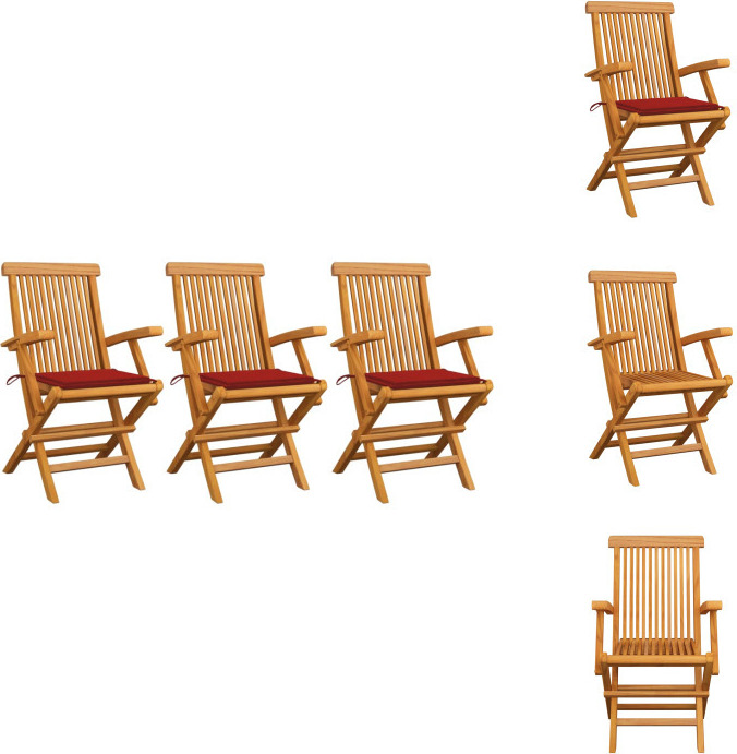 vidaXL Gartenstühle mit Roten Kissen 3 Stk. Massivholz Teak - Gartenstühle