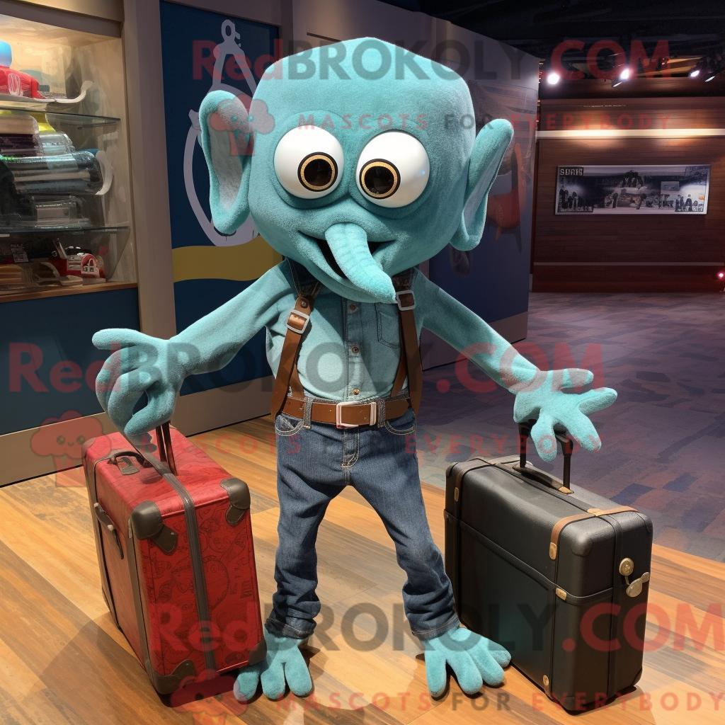 Maskottchen REDBROKOLY eines blaugrünen Kraken bekleidet mit Jeansshorts und Aktentasche