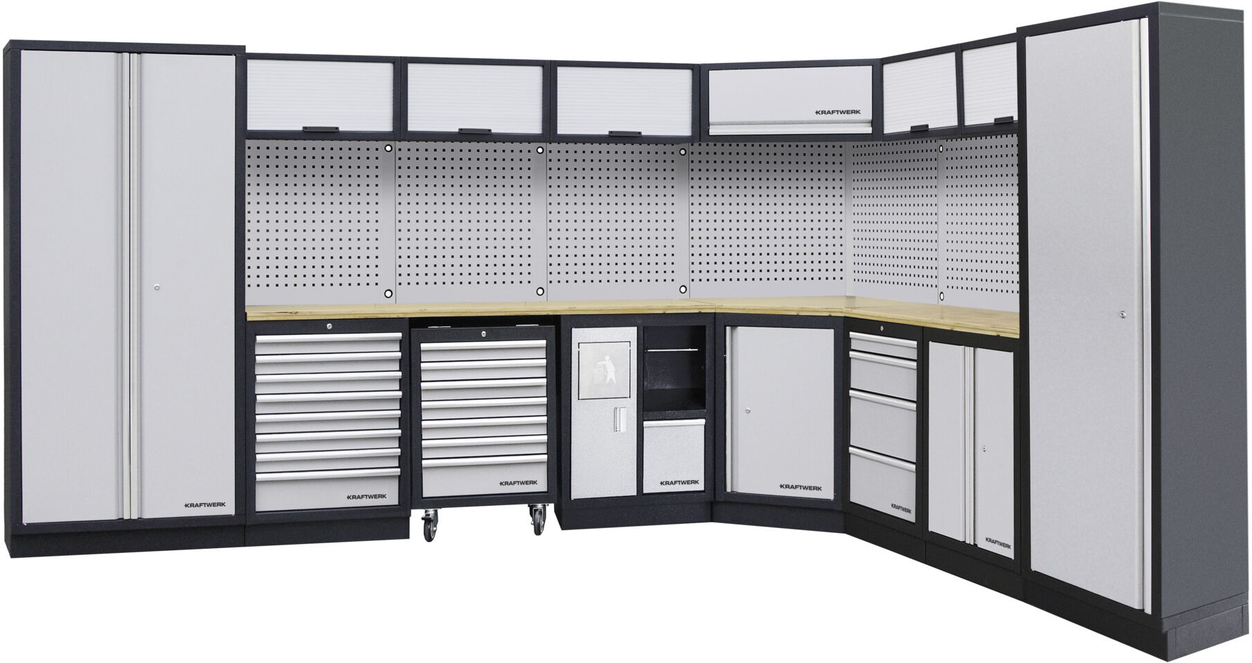 Kraftwerk 8-Element-Schrankwand mit Vierkantlochwand Länge 3819 mm 2824 mm Multiplex-Arbeitsplatten (3964E)