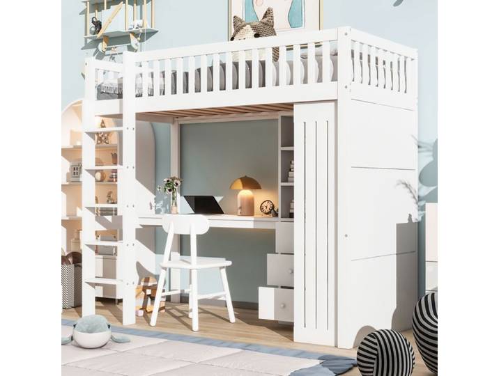 Lit mezzanine - MAISENTIEL - Maisentiel - 90x200 cm - bureau intégré - armoire et 3 tiroirs