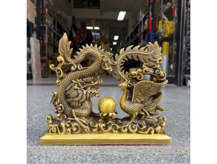 Dragon et Phénix en Cuivre, Paire de Dragon et Phénix Jouant avec des Perles, Ornement Dragon et Phénix en Cuivre