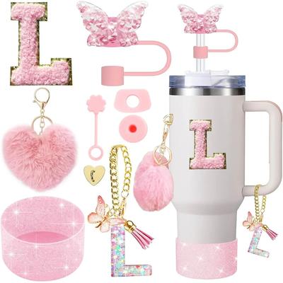 Inspire Select 9pcs Stanley Cup Accessories Set Silicone Boot, Butterfly Straw Cover, Spill Proof Stopper & Initial Charm Kit l Heart Pink 9pcs