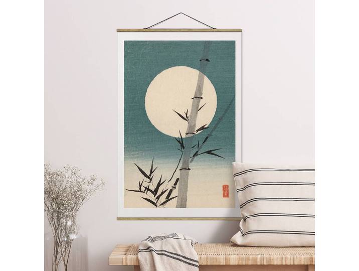 Stoffbild Japanischer Bambus & Mond Webstoff Blau 100 x 150cm