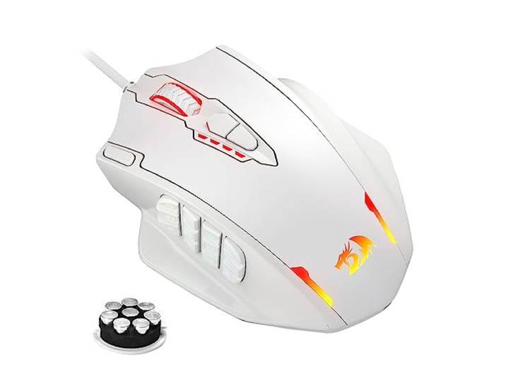 Redragon M908 Impact RGB LED MMO-muis met zijknoppen, optische bedrade gamingmuis met 12.400 DPI, hoge precisie, 20 programmeerbare muisknoppen, wit