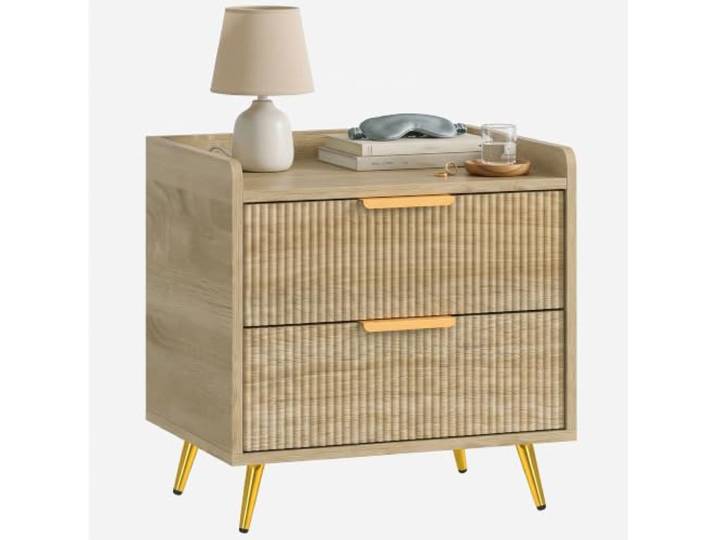 HOMCOM Nachttisch mit 2 Schubladen, Metallbeine, Naturholz-Finish Nachttisch, Beistelltisch, für Schlafzimmer, Wohnzimmer